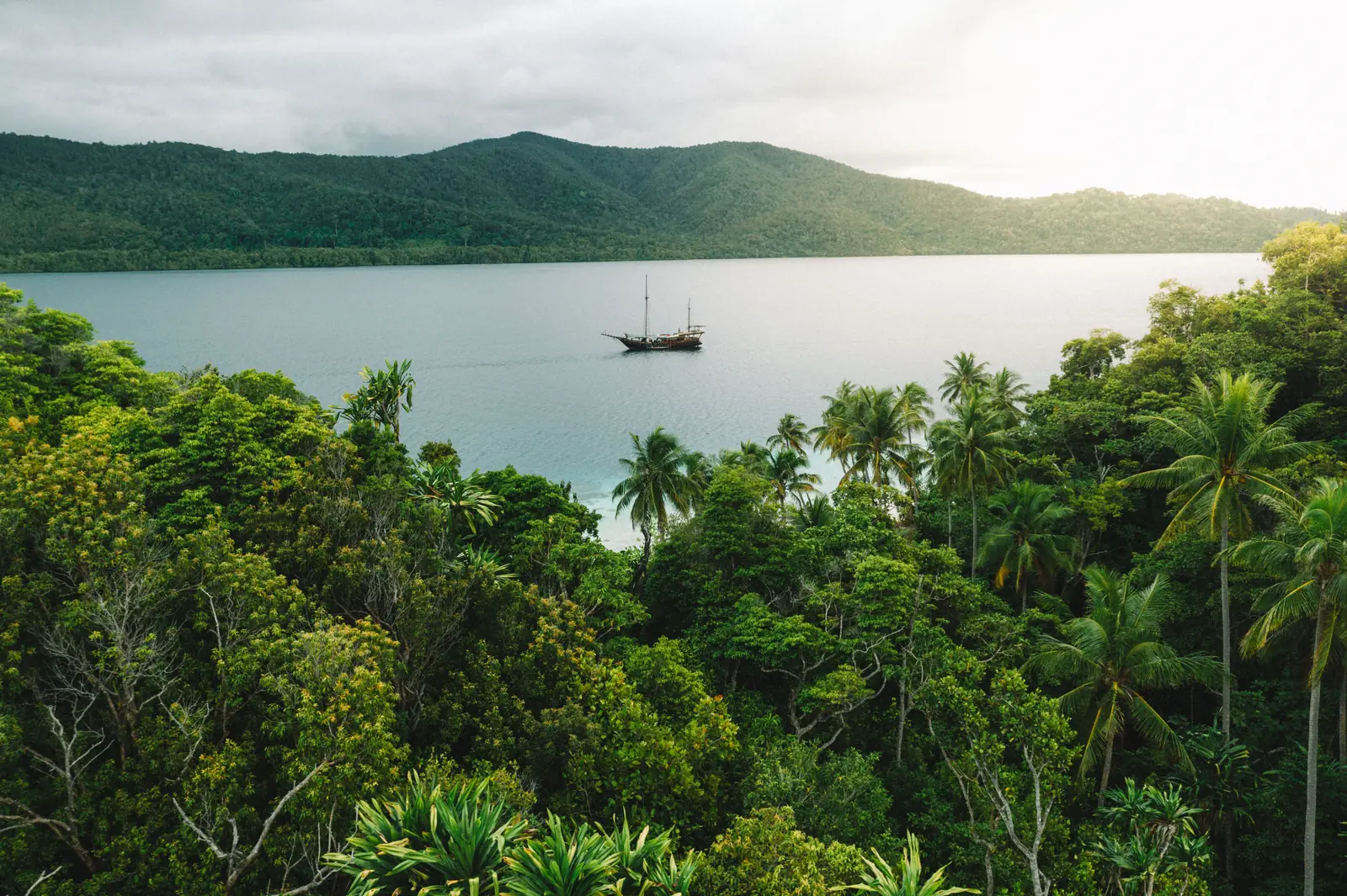 A phinisi anchored alone in a still, misty bay framed by jungle